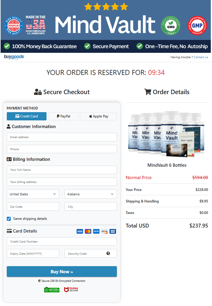 Mind Vault secure checkout page